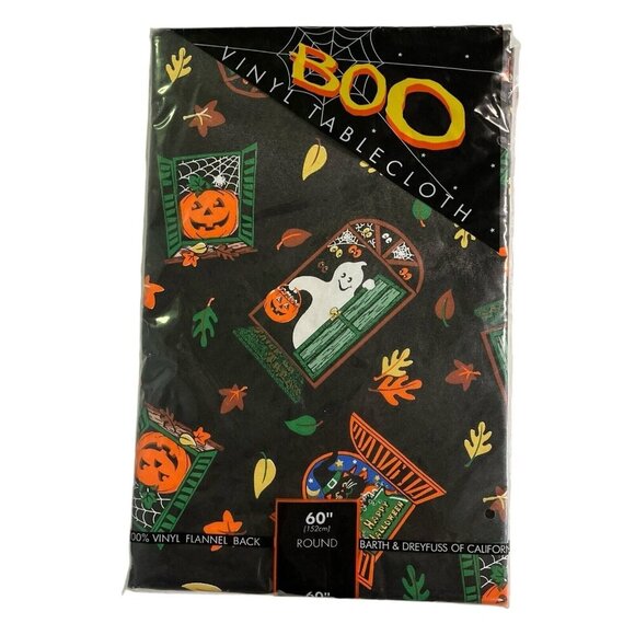 Halloween Boo Vinyl Tablecloth Round 152cm Black Ghost Pumpkin Leaves Cats Party - Picture 6 of 7